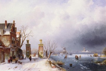 Snow Painting - Belgian 1818 to 1907A Sunlit snow Lansca landscape Charles Leickert